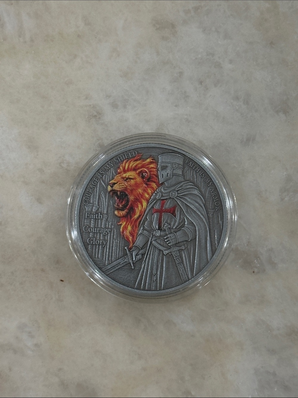 Faith & Courage Decorative Coin - Red and Orange Lion Accent